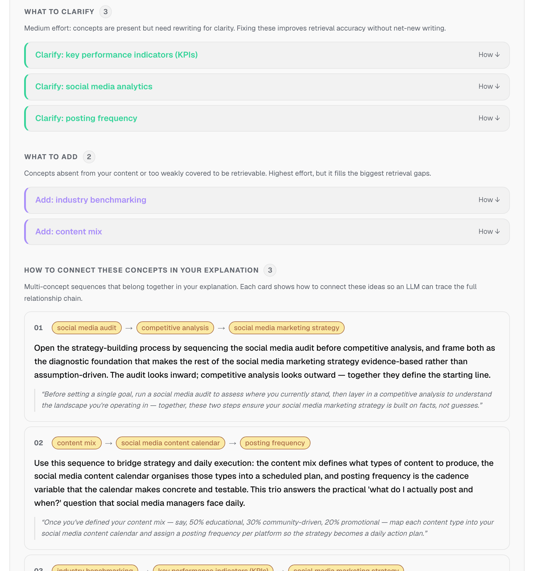 ContentGrapher's structural recommendations for a page: clarify and add instructions, and sequences showing how to connect concepts in the explanation.