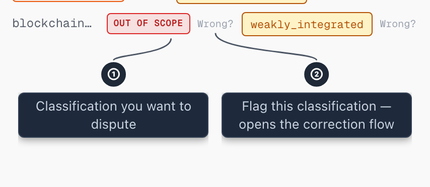 Concept row for blockchain data storage showing an Out of scope boundary badge and a correction affordance icon. The correction icon allows the user to flag the classification for review.