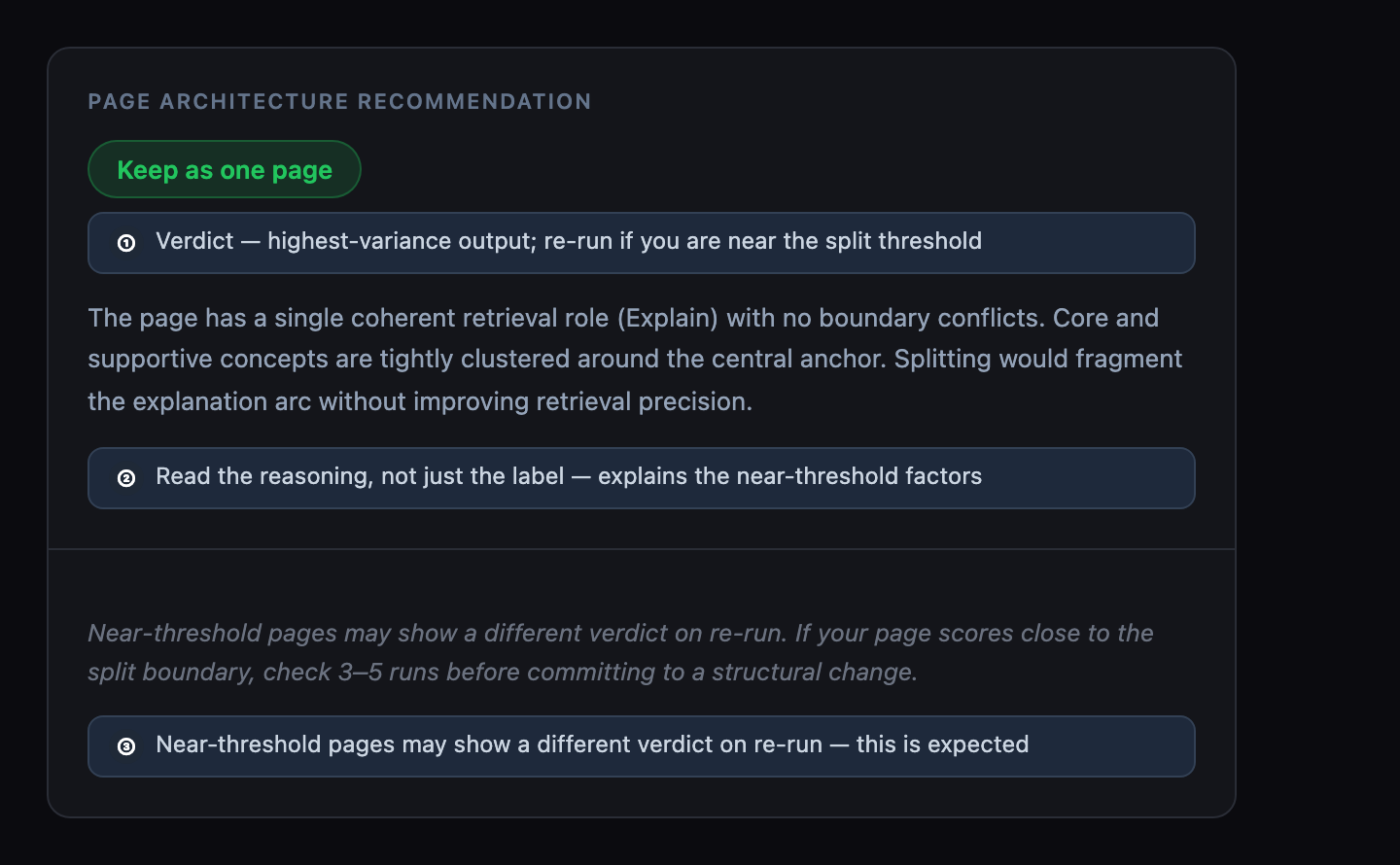 The structural recommendation section of a ContentGrapher report showing a Keep as one page verdict. Two callout annotations point to the verdict label and the reasoning paragraph. A third callout notes that this is the highest-variance output type.