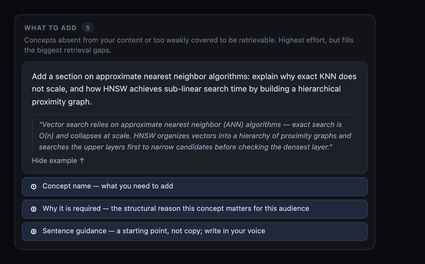 Expanded toAdd writing brief item for approximate nearest neighbor algorithms. The item shows the concept name, a rationale explaining why this concept is essential, and below that, sentence-level guidance.